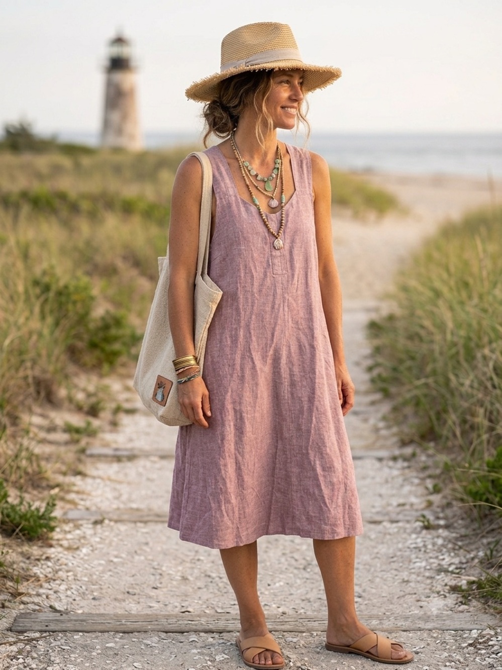 Royal Robbins Hempline Hemp Midi Dress L Pink Pinafore Lagenlook Pockets Coastal